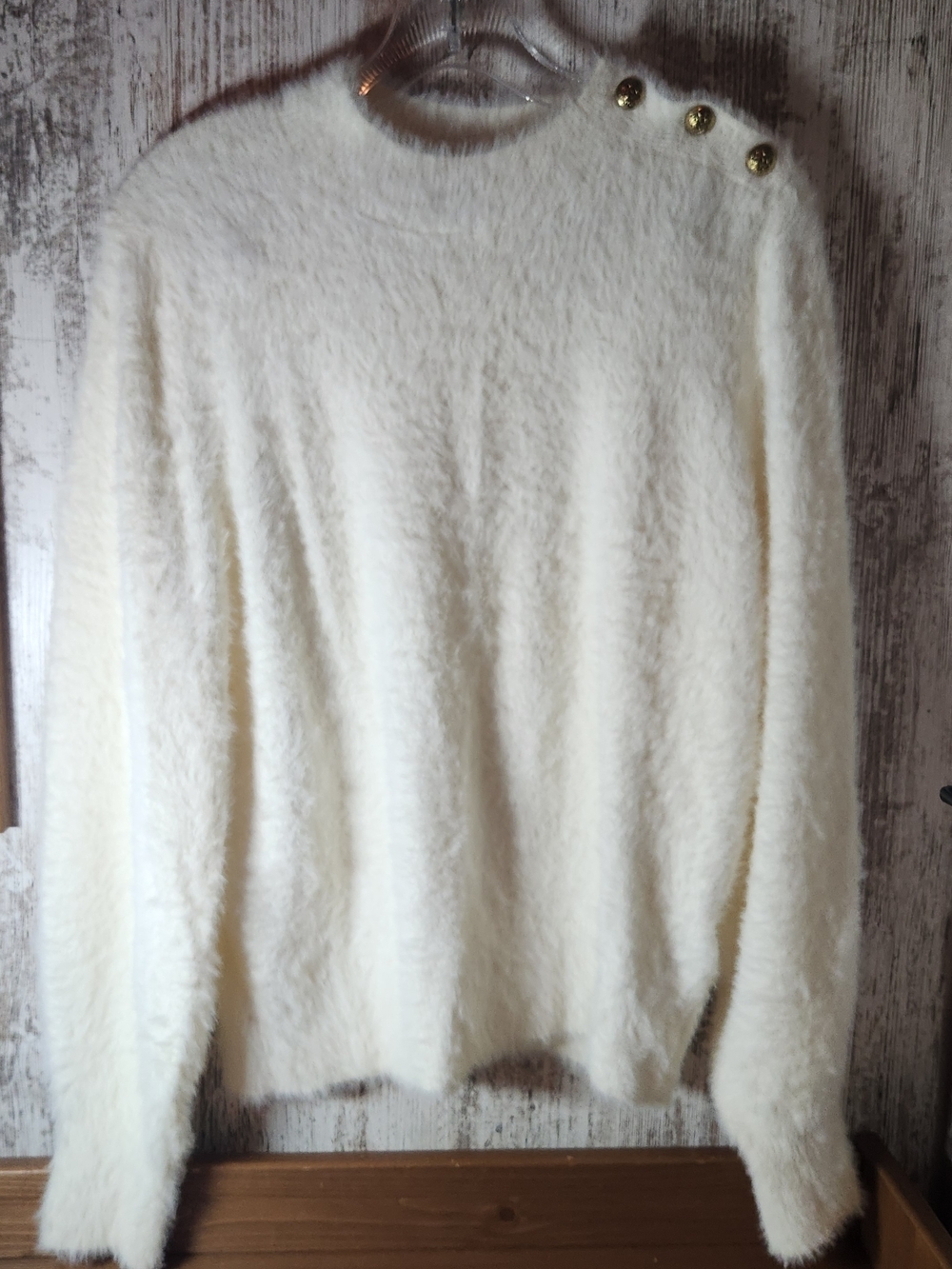 Banana Republic Cream Off White Fuzzy Sweater with Shoulder Button Accents Soft